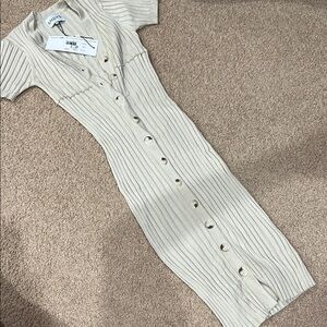 Stylish Beige Button-Up Ribbed Dress